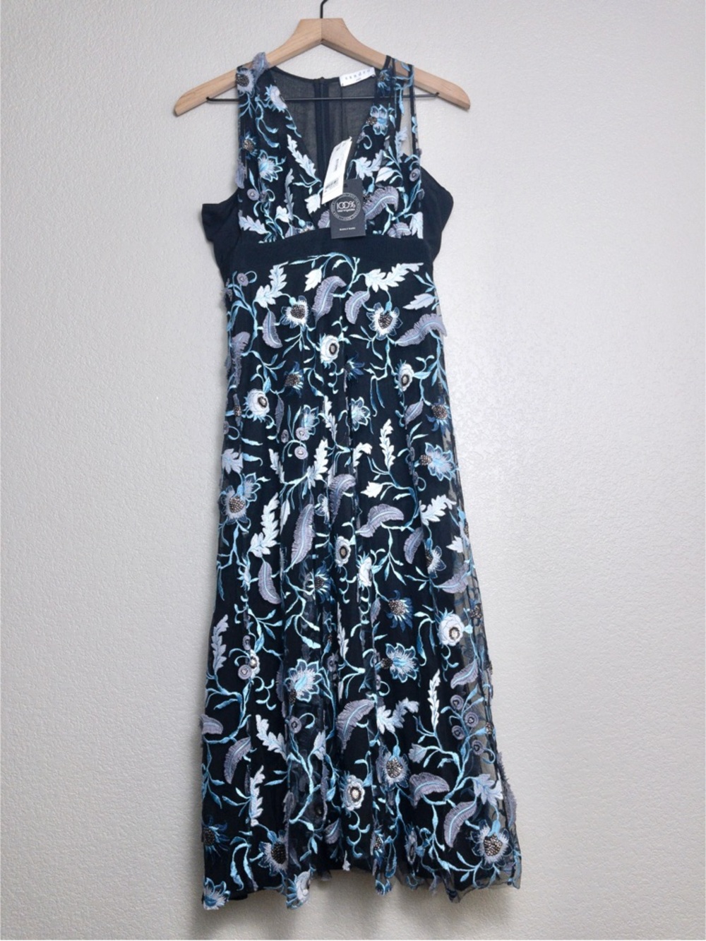 NWT Sandro Floral Embroidered Midi Dress 2 Black Blueshine Mesh Sheer Sleeveless - Picture 3 of 14